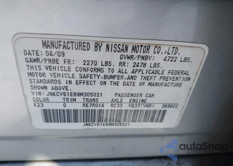 2009 Infiniti G37 Journey from USA, damaged, VIN JNKCV61E89M305021